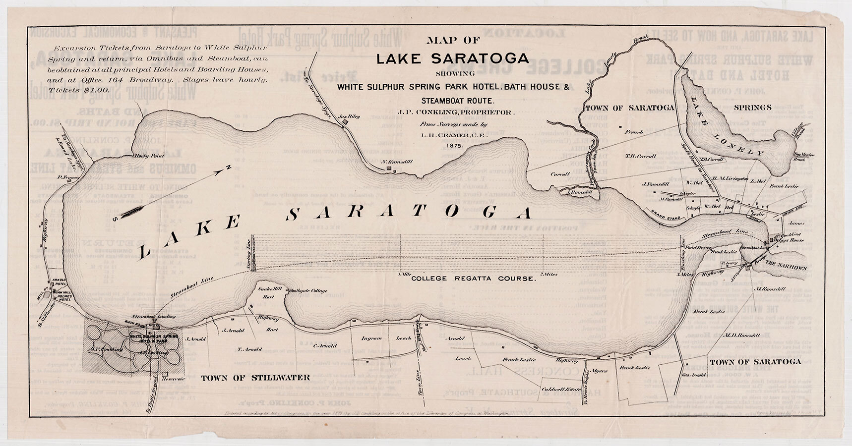 Map of Lake Saratoga Showing White Sulphur Spring Park Hotel, Bath